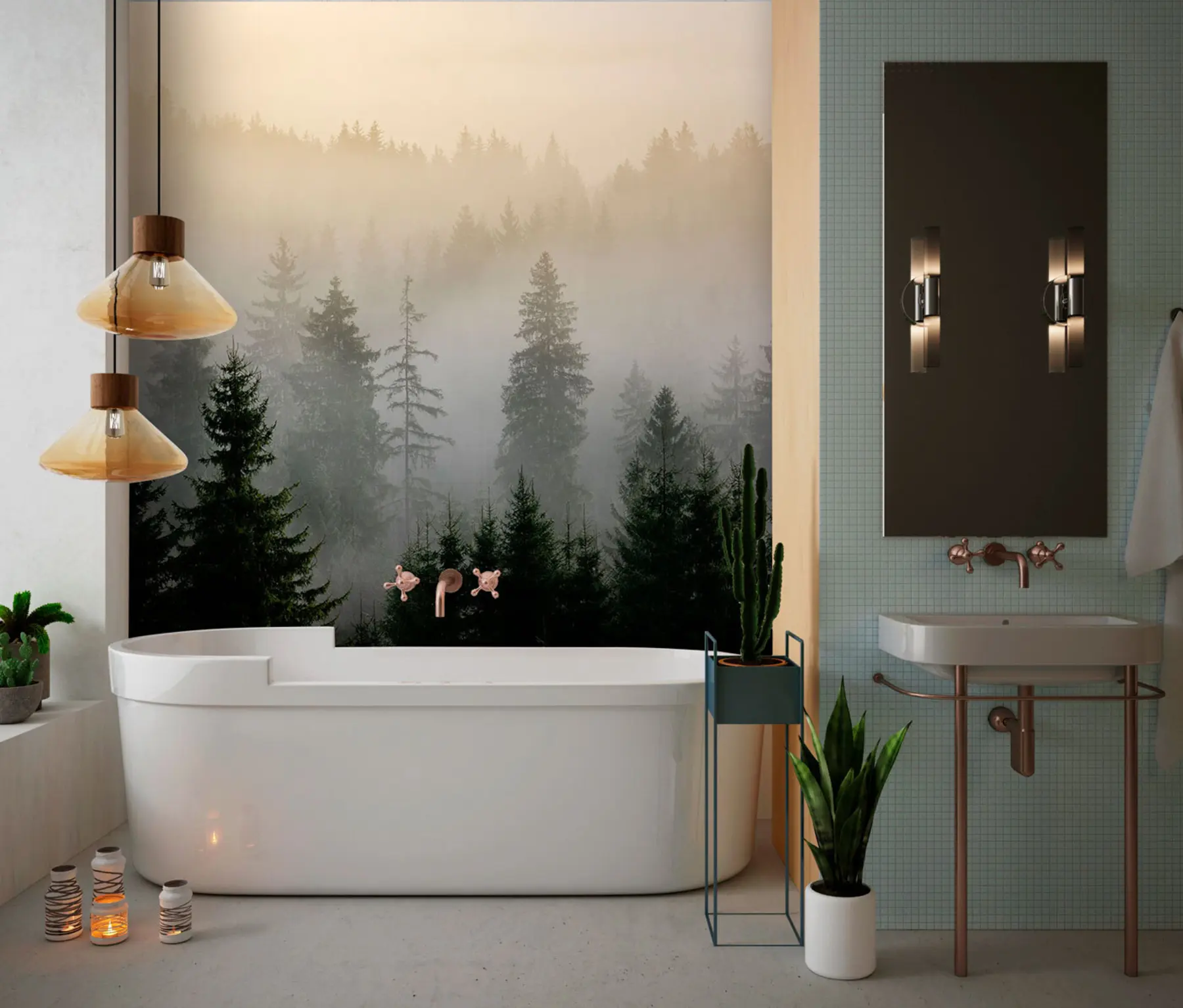 wall murals Dark spruce silhouette surrounded by mist u96999