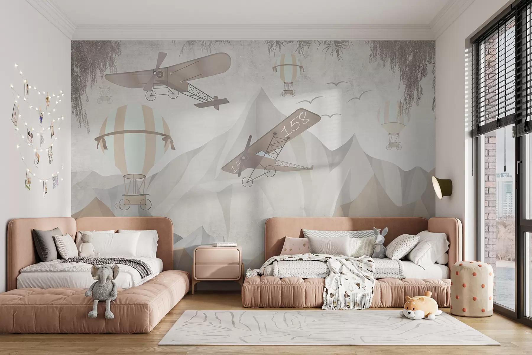 wall murals Wallpaper design with airplanes and cute animals for kids room u97007