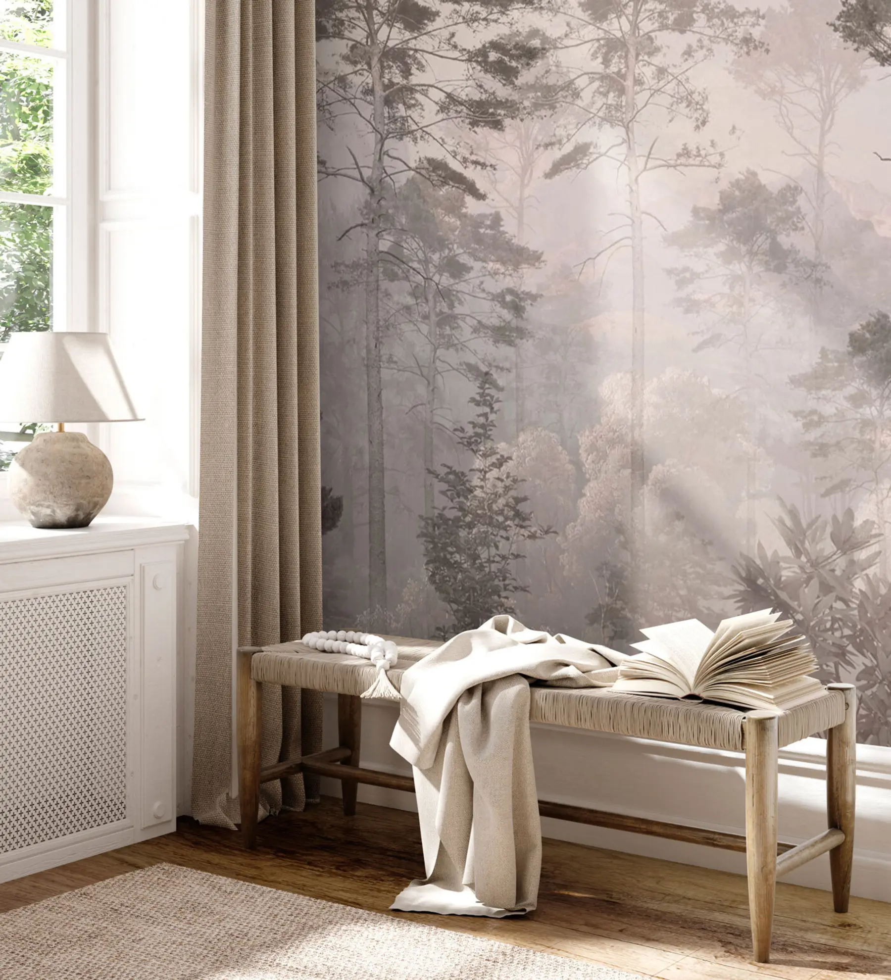 wall murals Tall trees on the hills, forest in the fog u97190