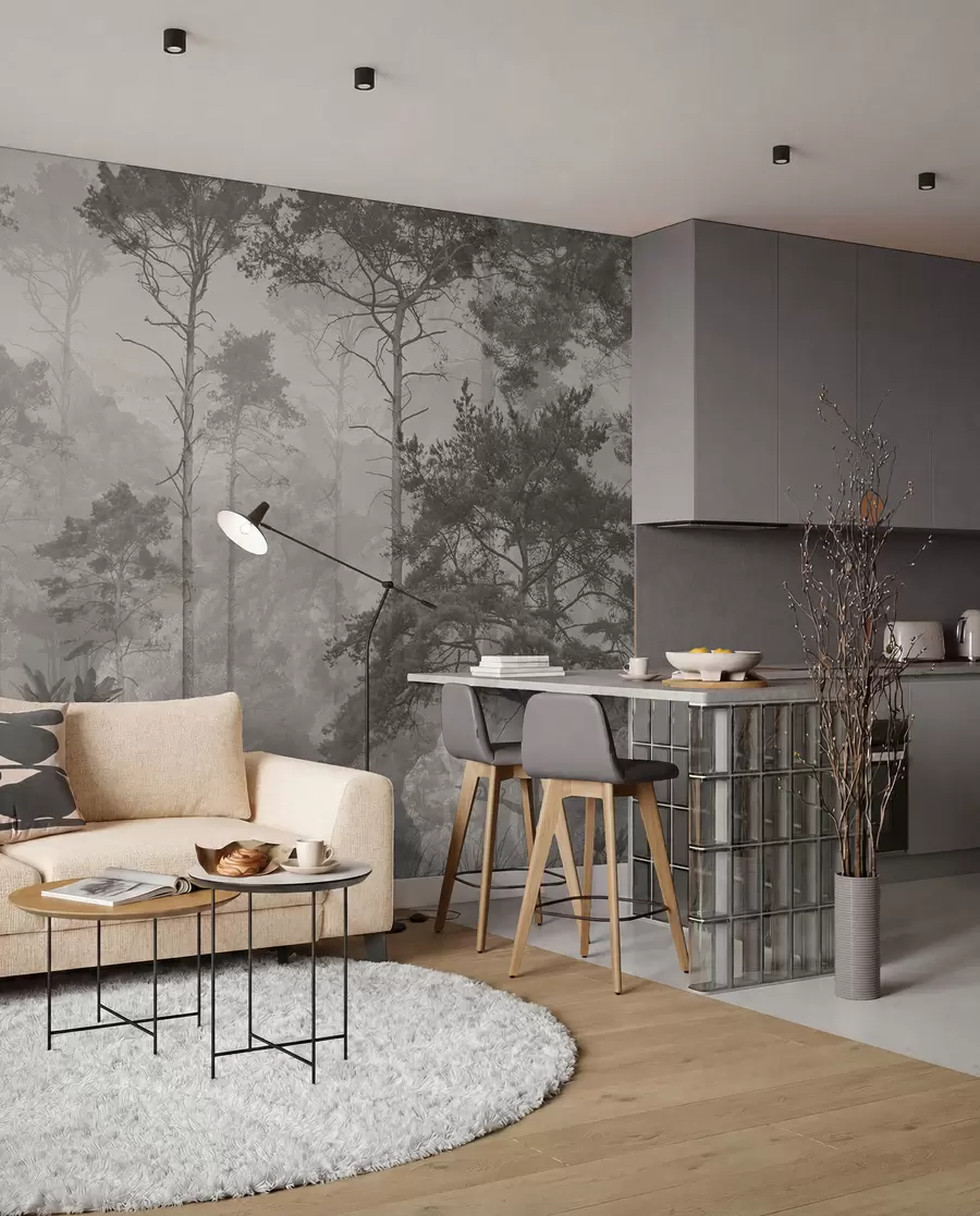 wall murals Tall trees on the hills, forest in the fog u97190