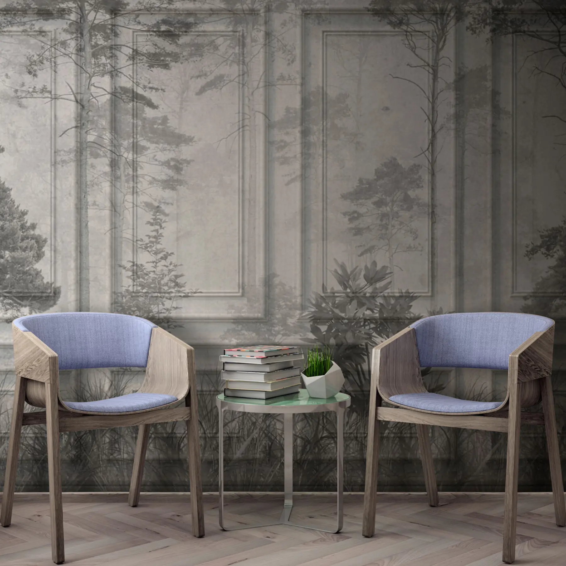 wall murals Stylish European Boiserie panels with a forest pattern u97209