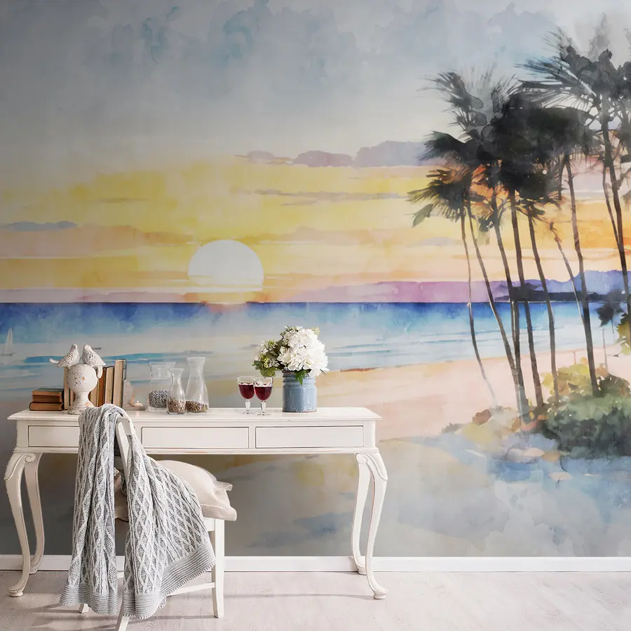 wall murals Watercolor sunset on the beach u97297