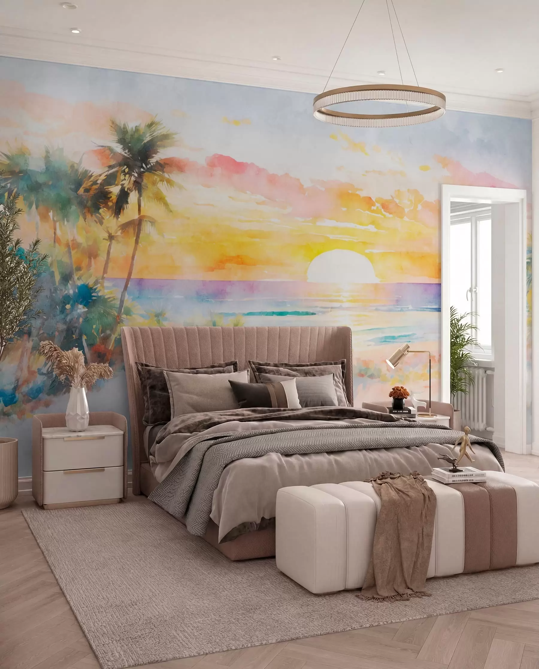 wall murals Palm trees and sunset on the beach u97312
