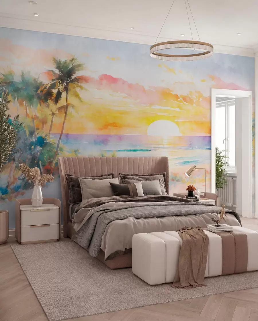 wall murals Palm trees and sunset on the beach u97312