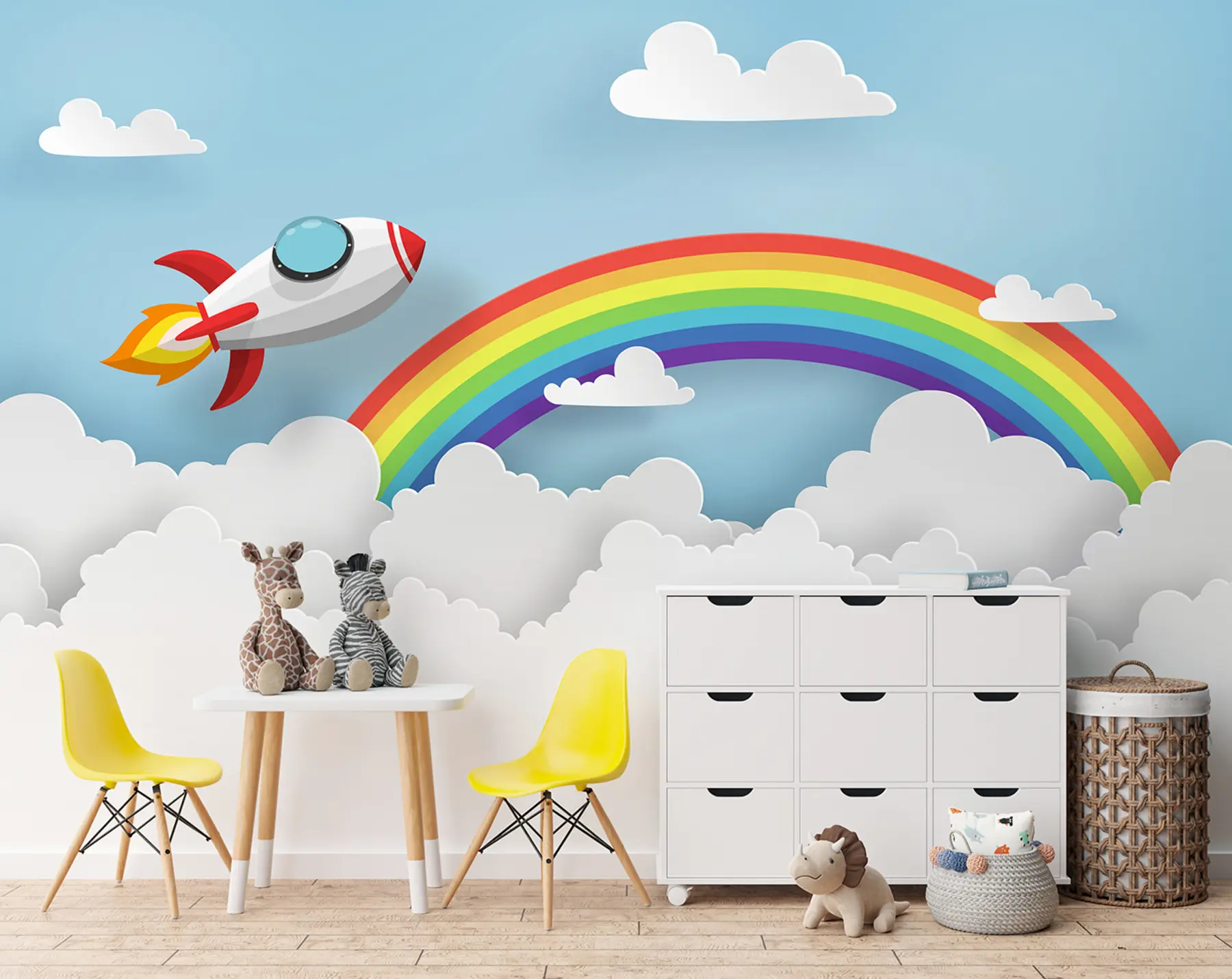 wall murals Launching a rocket into the sky above the clouds and rainbow u96299