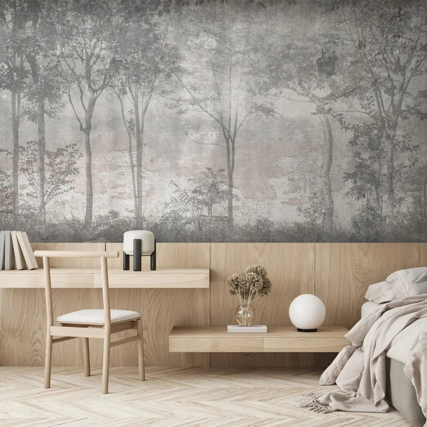 wall murals A painting of a forest on a stone wall u97401