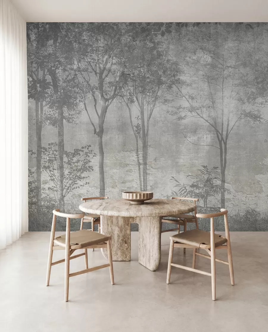 wall murals A painting of a forest on a stone wall u97401
