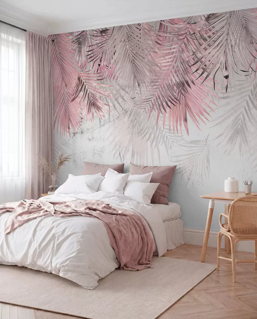 wall murals Pink tropical leaves in grunge style u93843v2