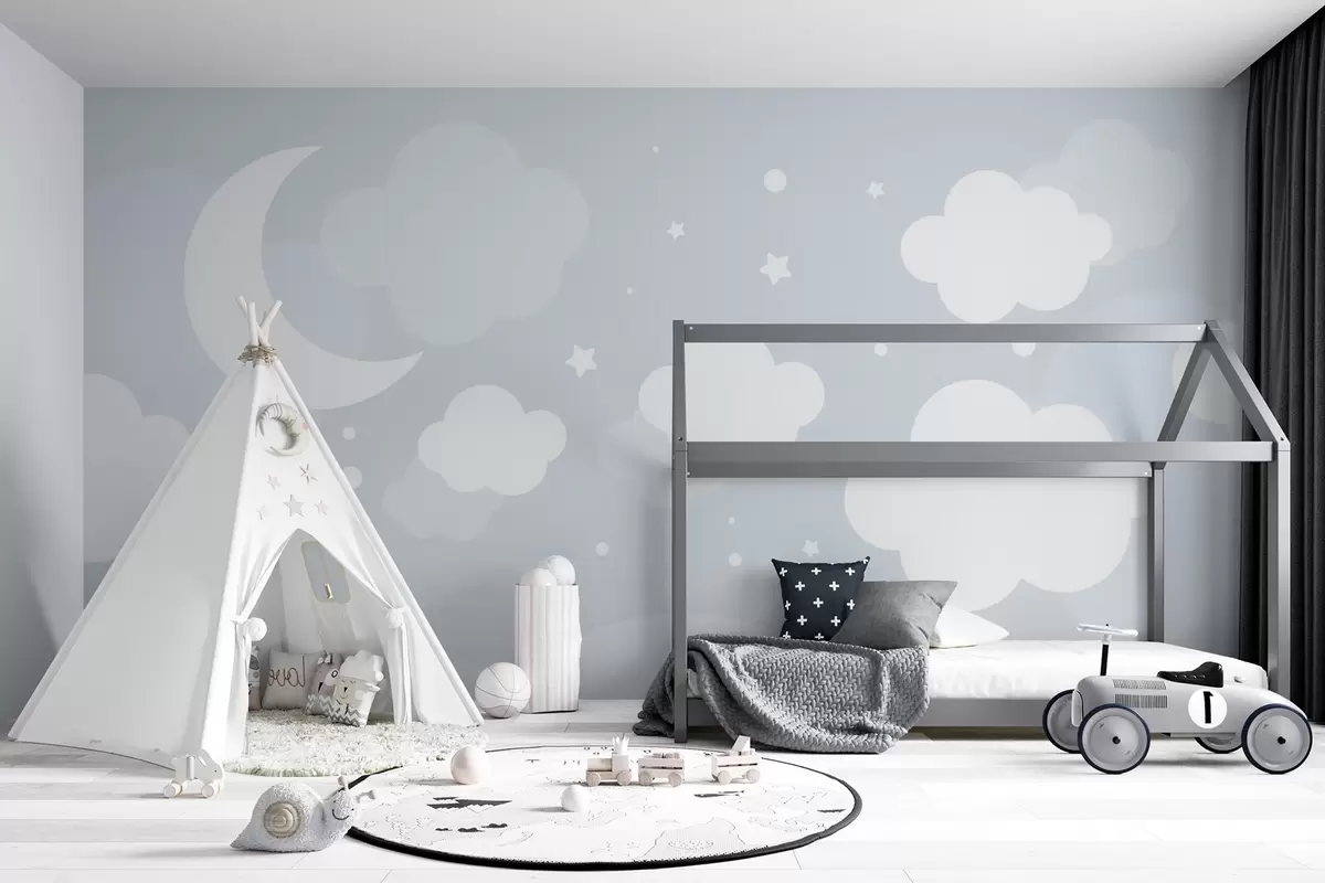 wall murals Cute wallpaper with clouds, stars and moon on a blue background u97510