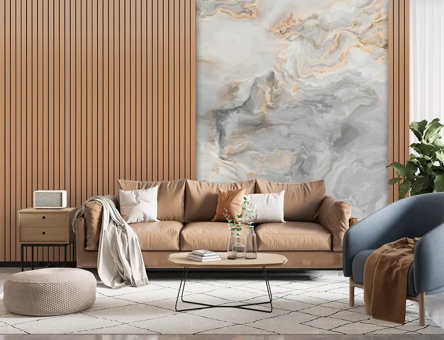 wall murals Wooden slats with marble u97426