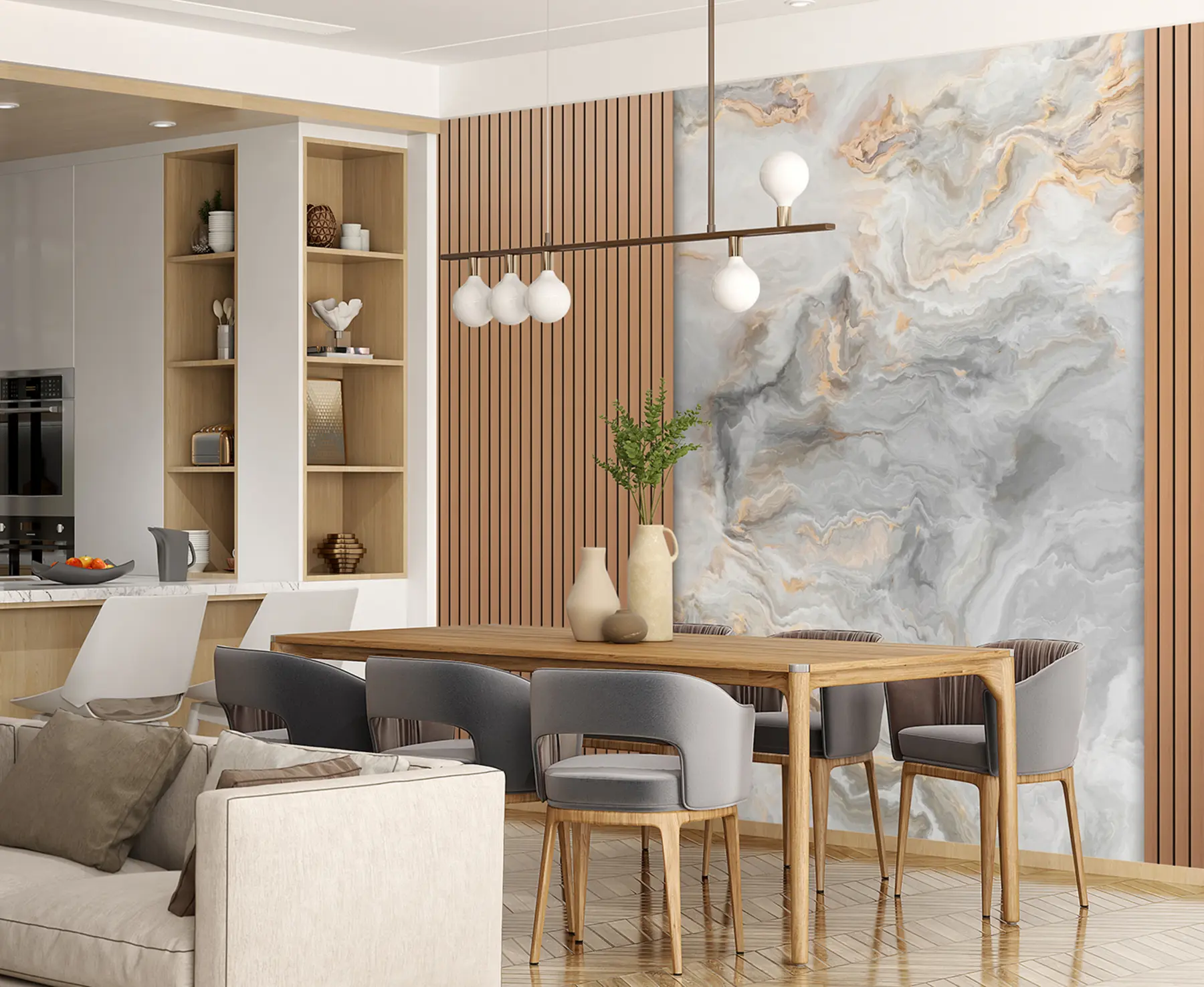 wall murals Wooden slats with marble u97426