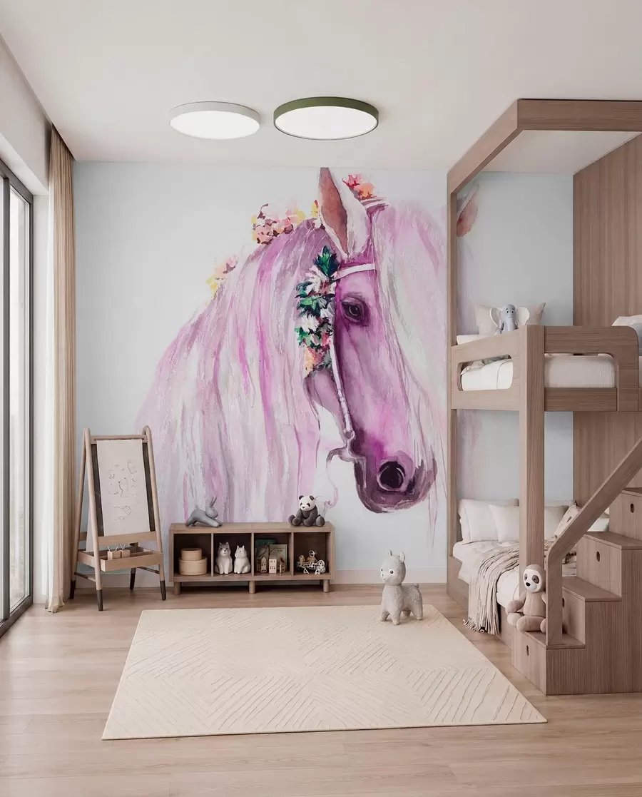 wall murals Blue horse with flowers in a mane in purple colors u93591v1