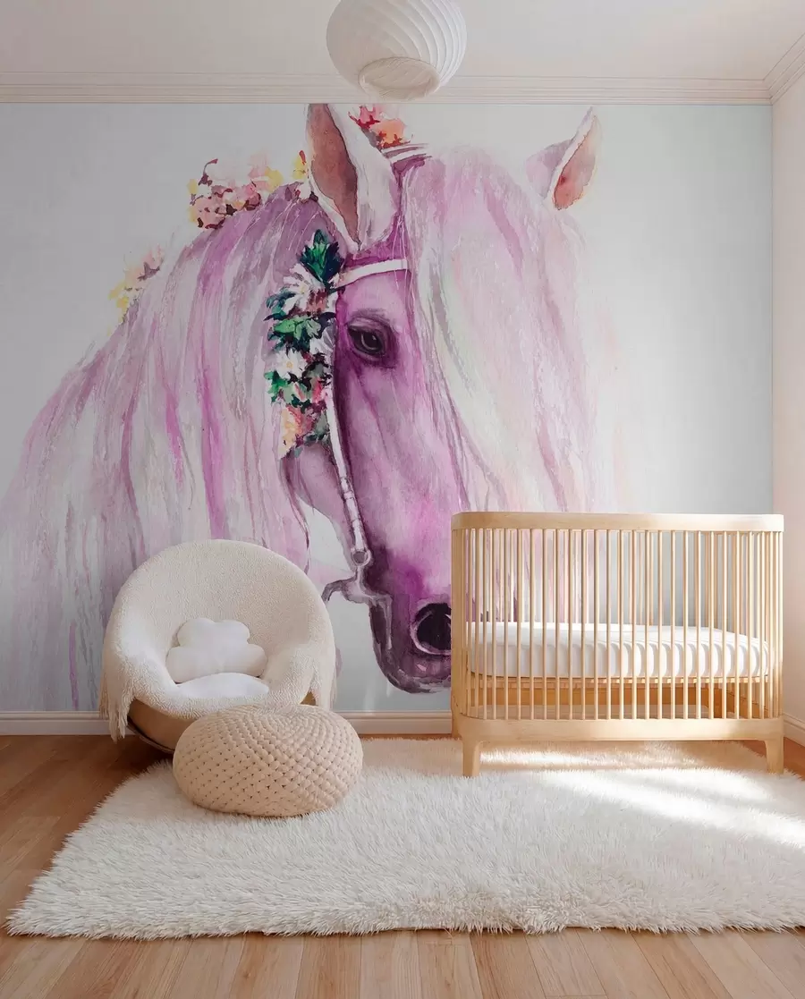 wall murals Blue horse with flowers in a mane in purple colors u93591v1