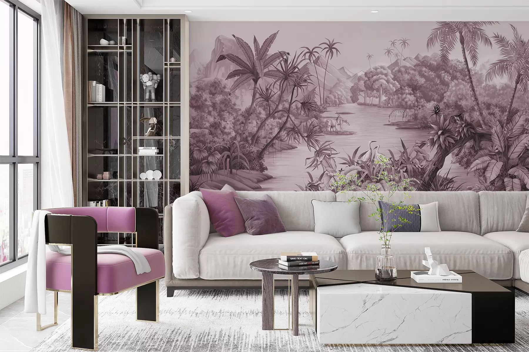 wall murals Black and white tropics in purple colors u59040v3