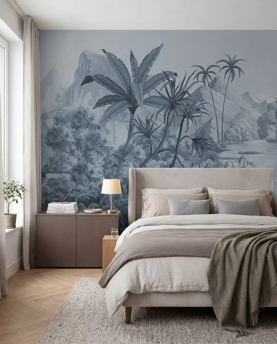 wall murals Black and white tropics in blue colors u59040v2