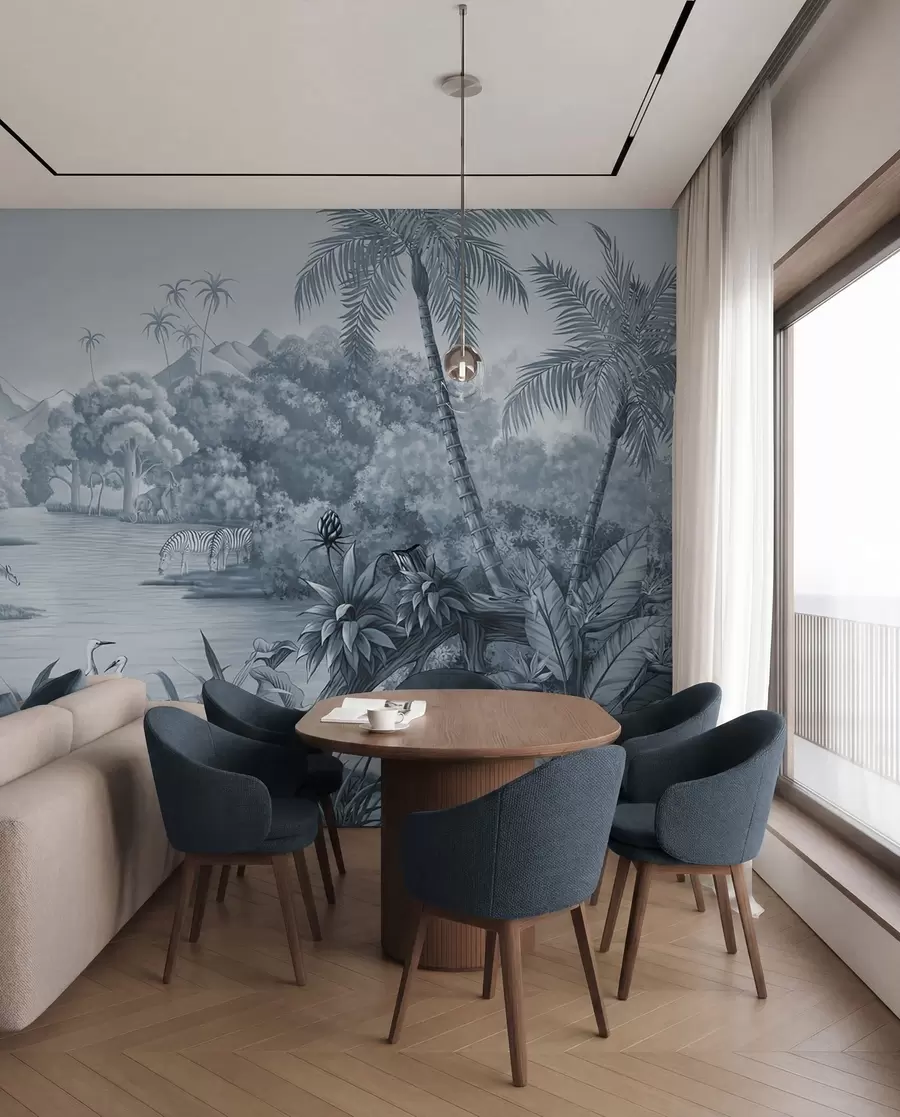 wall murals Black and white tropics in blue colors u59040v2