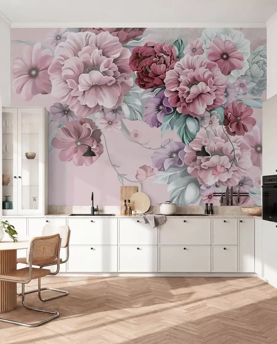 wall murals Delicate blue flowers in pink colors u59900v1