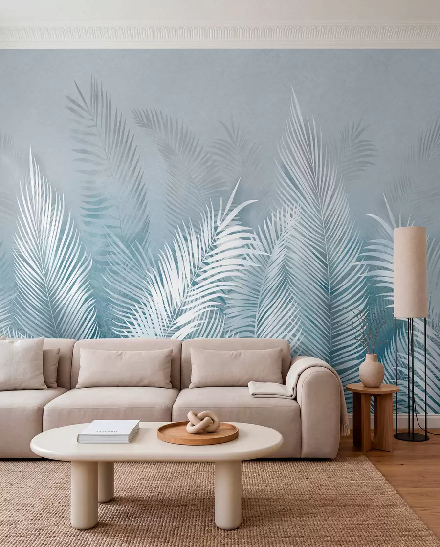 wall murals White palm trees on a pink granzh background. in blue colors u74601v1