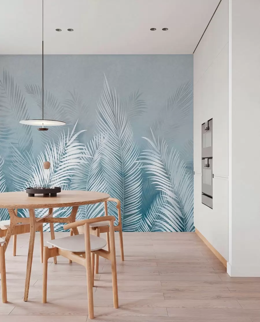 wall murals White palm trees on a pink granzh background. in blue colors u74601v1
