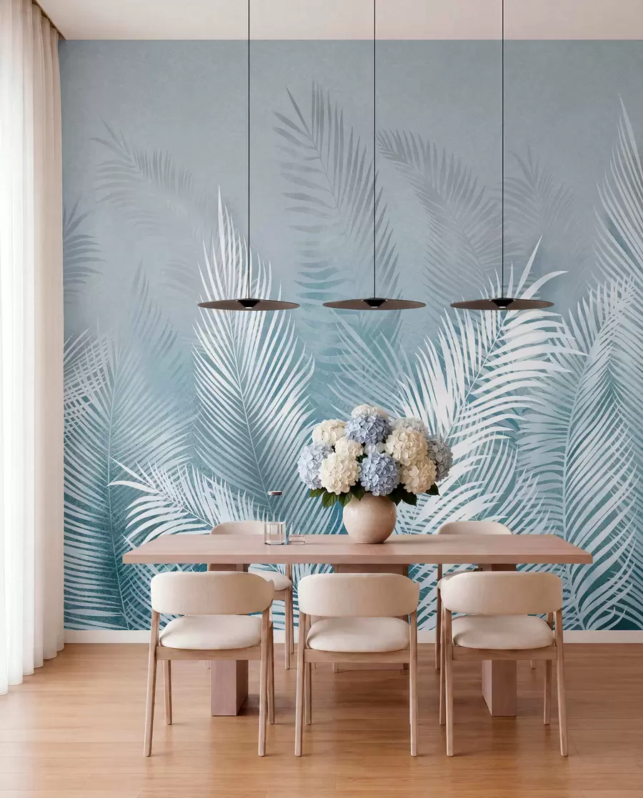 wall murals White palm trees on a pink granzh background. in blue colors u74601v1