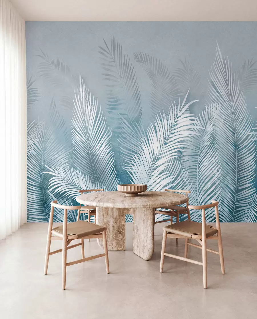 wall murals White palm trees on a pink granzh background. in blue colors u74601v1