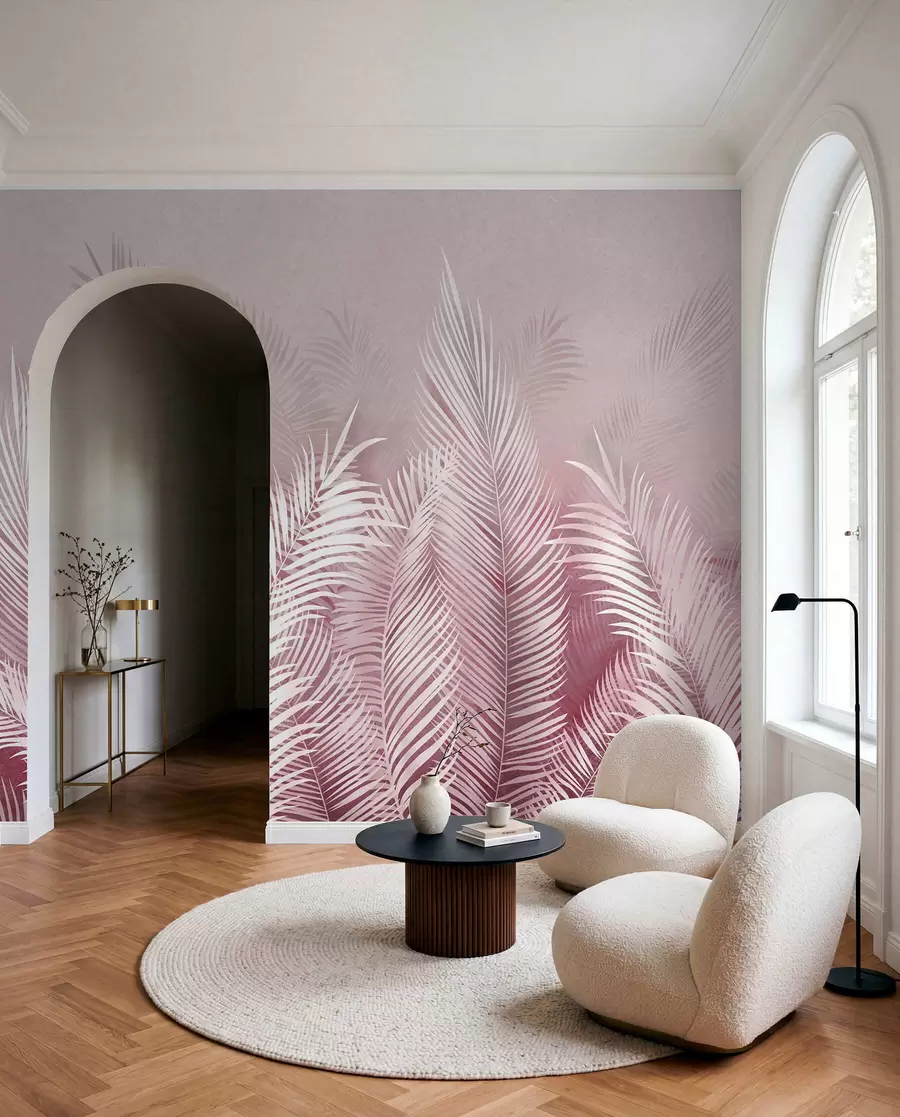 wall murals White palm trees on a pink granzh background. in pink colors u74601v2
