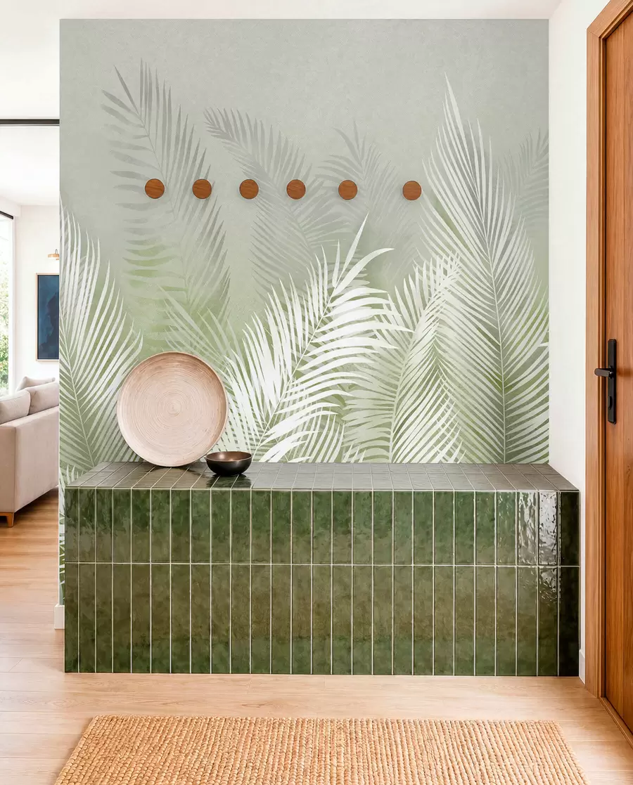 wall murals White palm trees on a pink granzh background. in green colors u74601v3