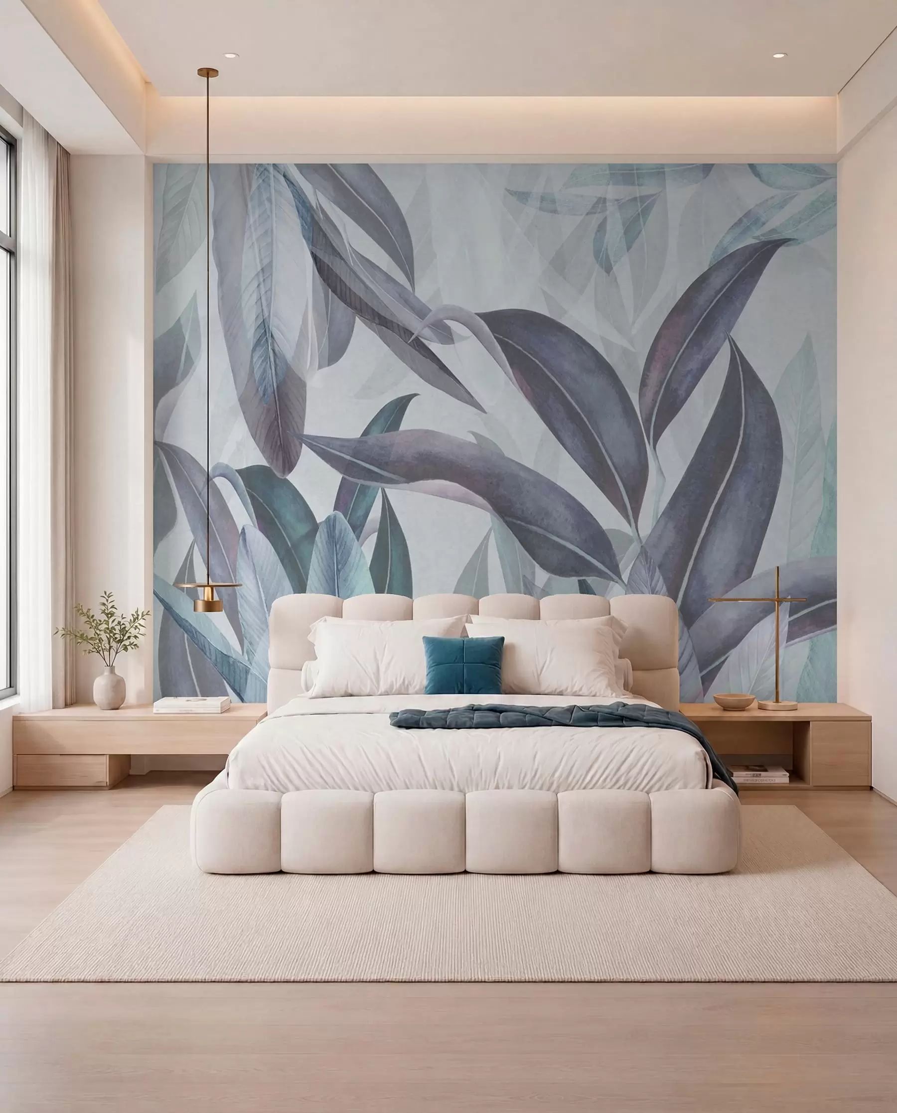 wall murals Green and pink palm leaves in blue colors u94302v1