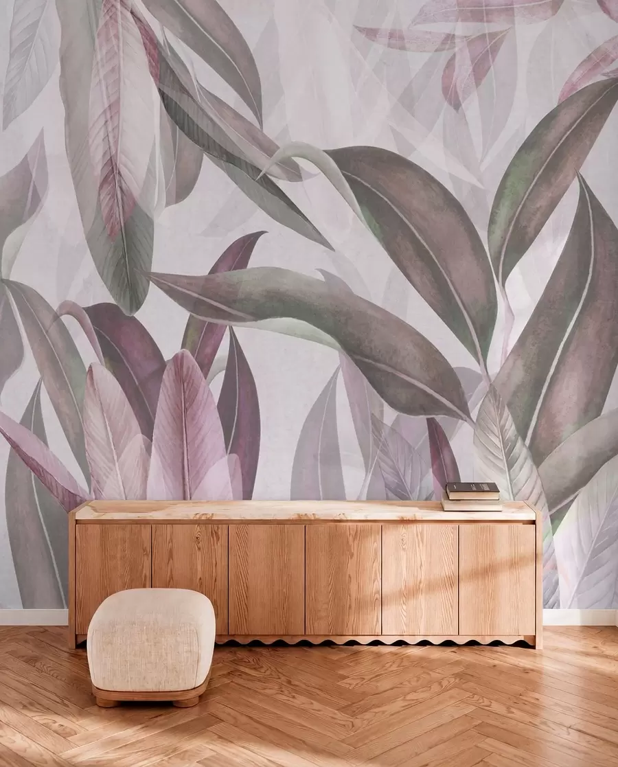 wall murals Green and pink palm leaves in purple colors u94302v3
