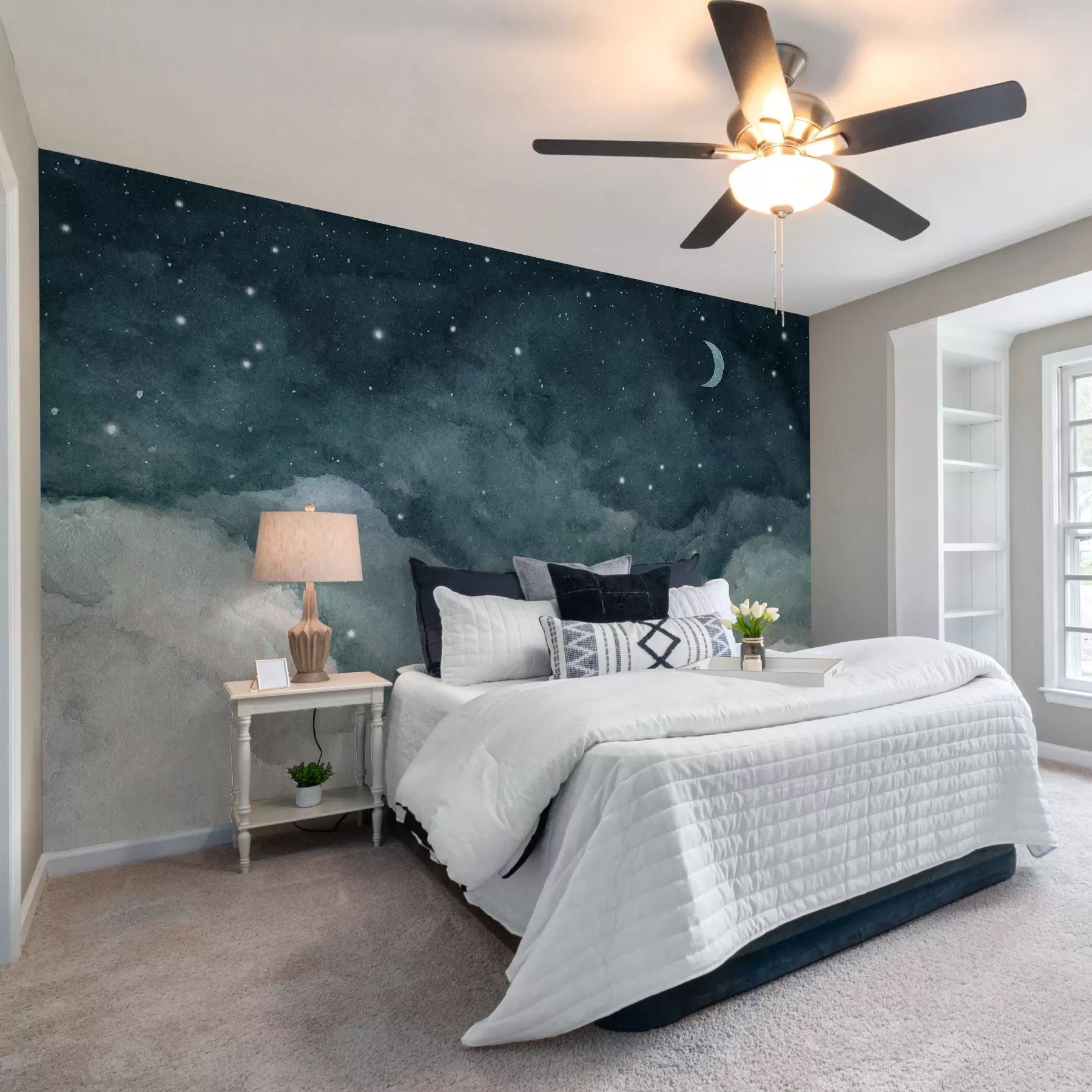 wall murals Watercolor painting of night sky with crescent moon and shining stars in blue colors u96076v2