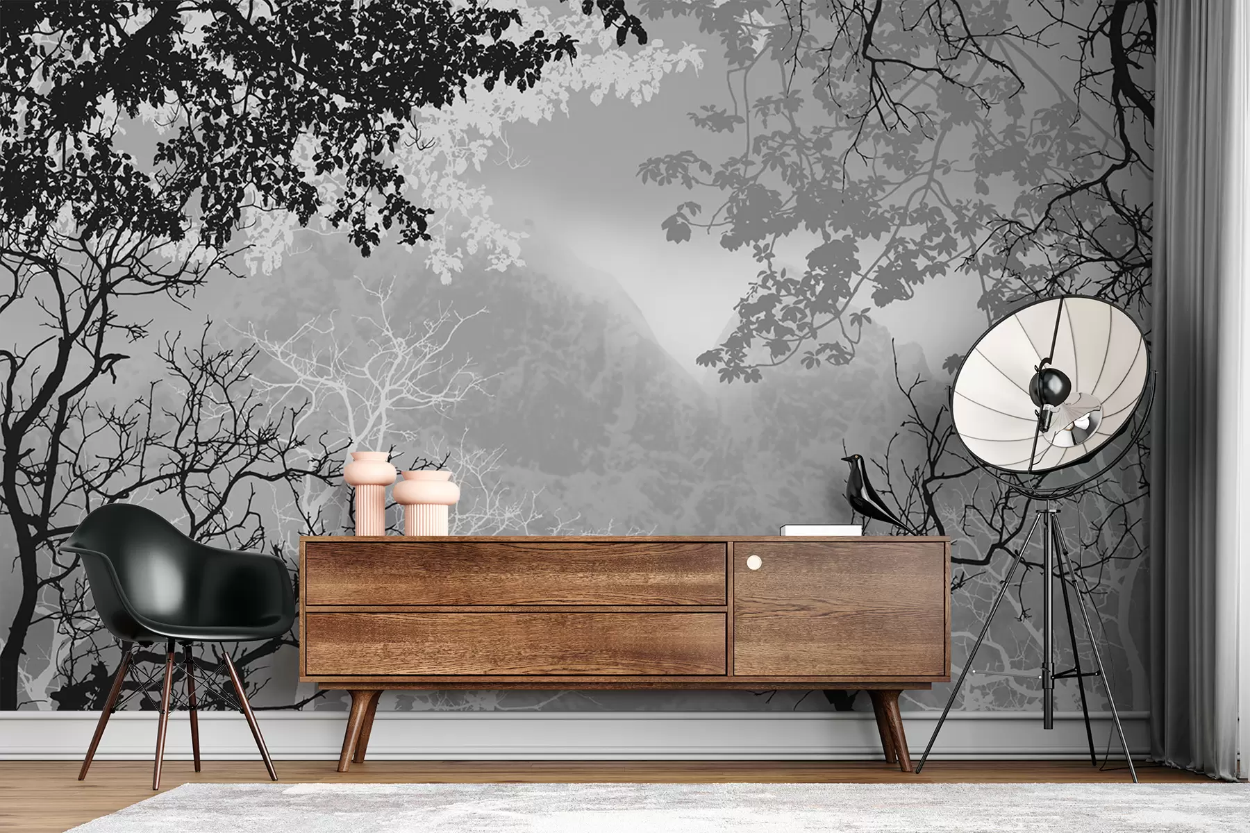 wall murals Forest illustration on a background of mountains with fog u98050