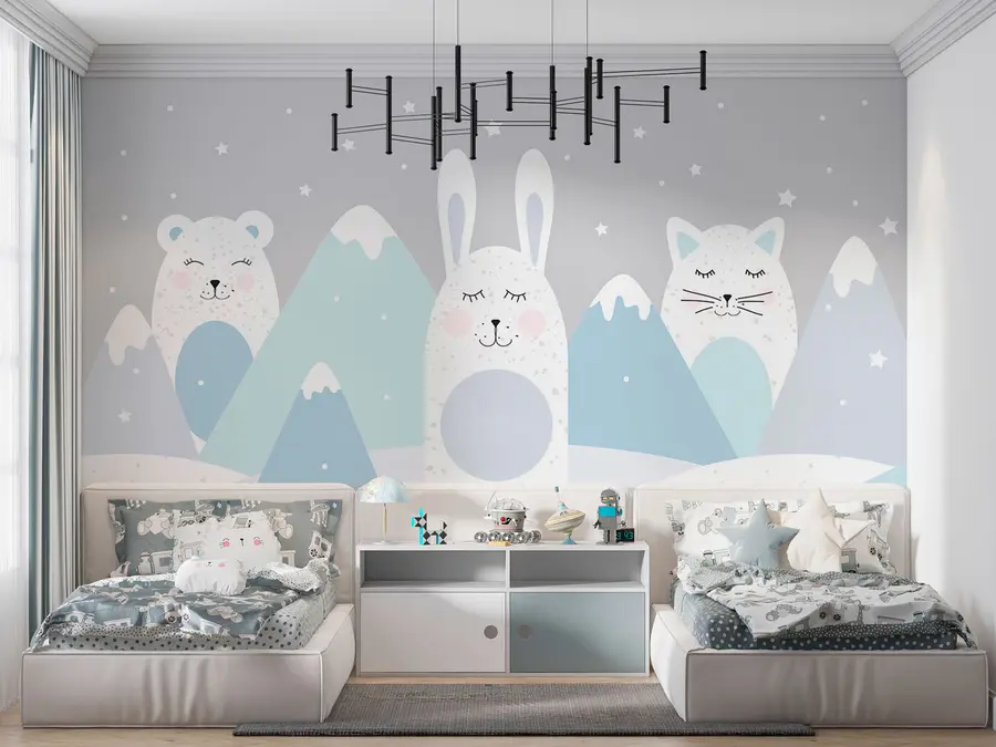 wall murals Rabbit, bear, fox on the background of beige snow-covered mountains u98135v1