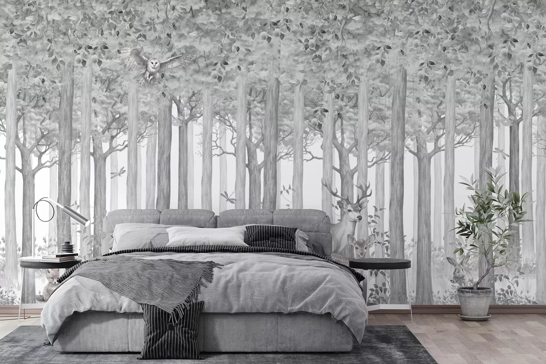 wall murals Forest animals deer and owl in grey u97629v1