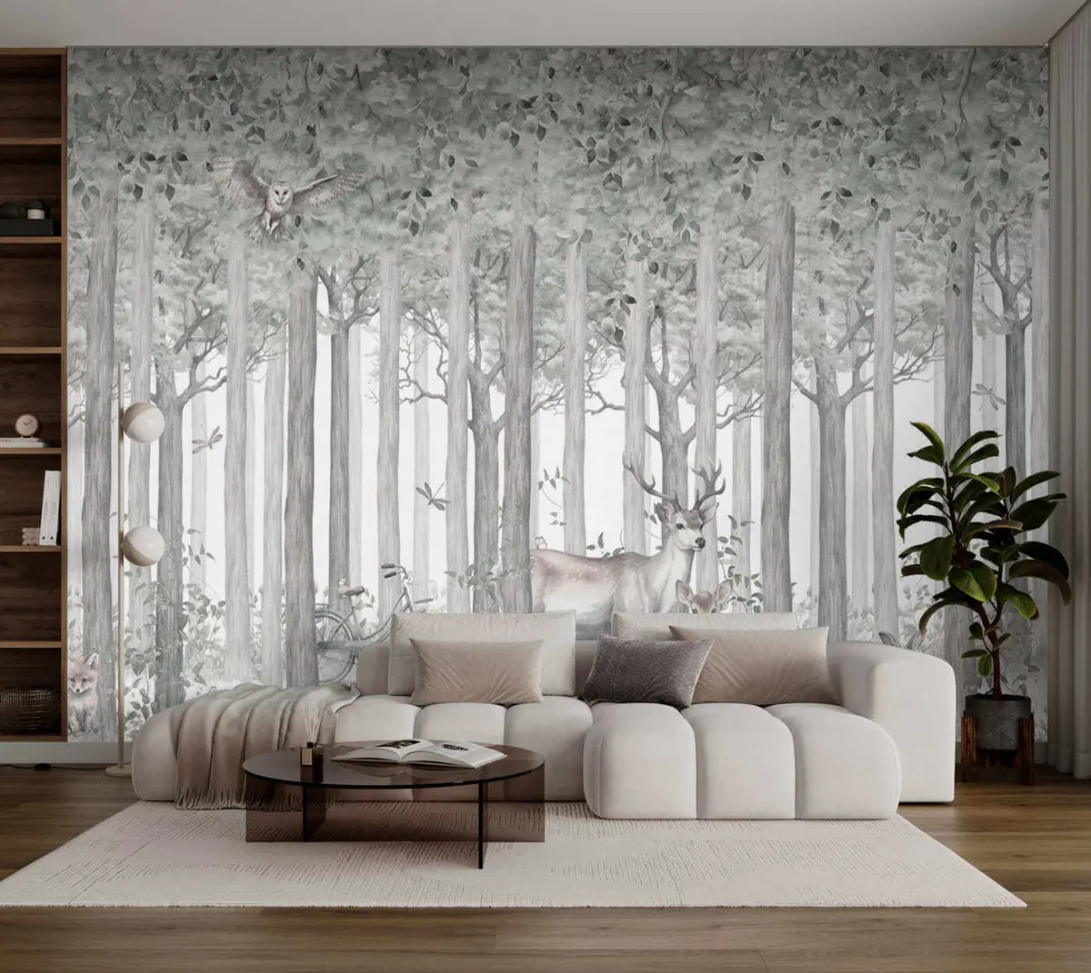 wall murals Forest animals deer and owl in grey u97629v1