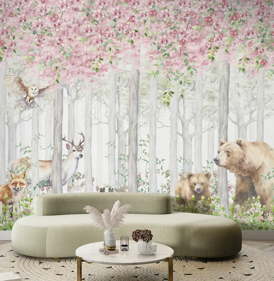 wall murals Blooming forest with animals u97614