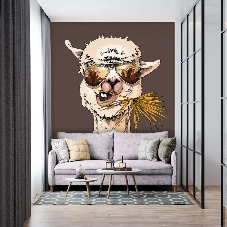 wall murals Portrait of a lama wearing sunglasses with a fan palm leaf u98177