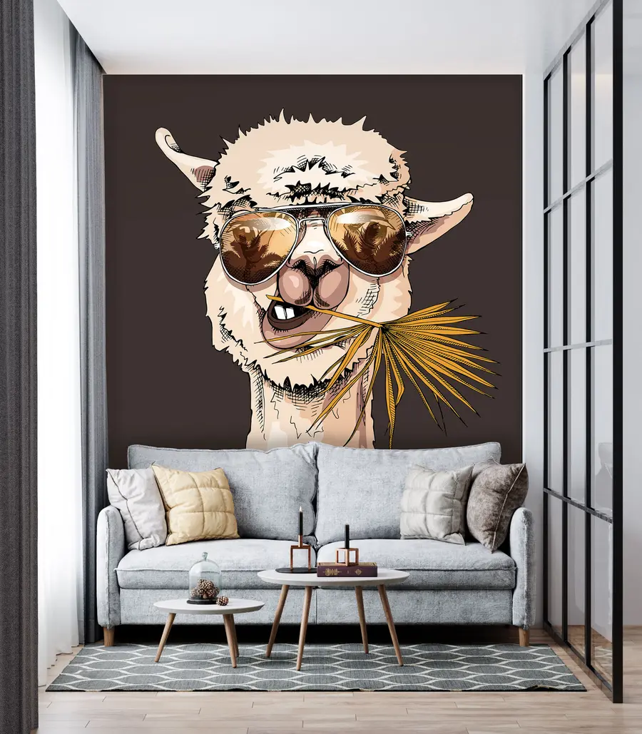 wall murals Portrait of a lama wearing sunglasses with a fan palm leaf u98177v2