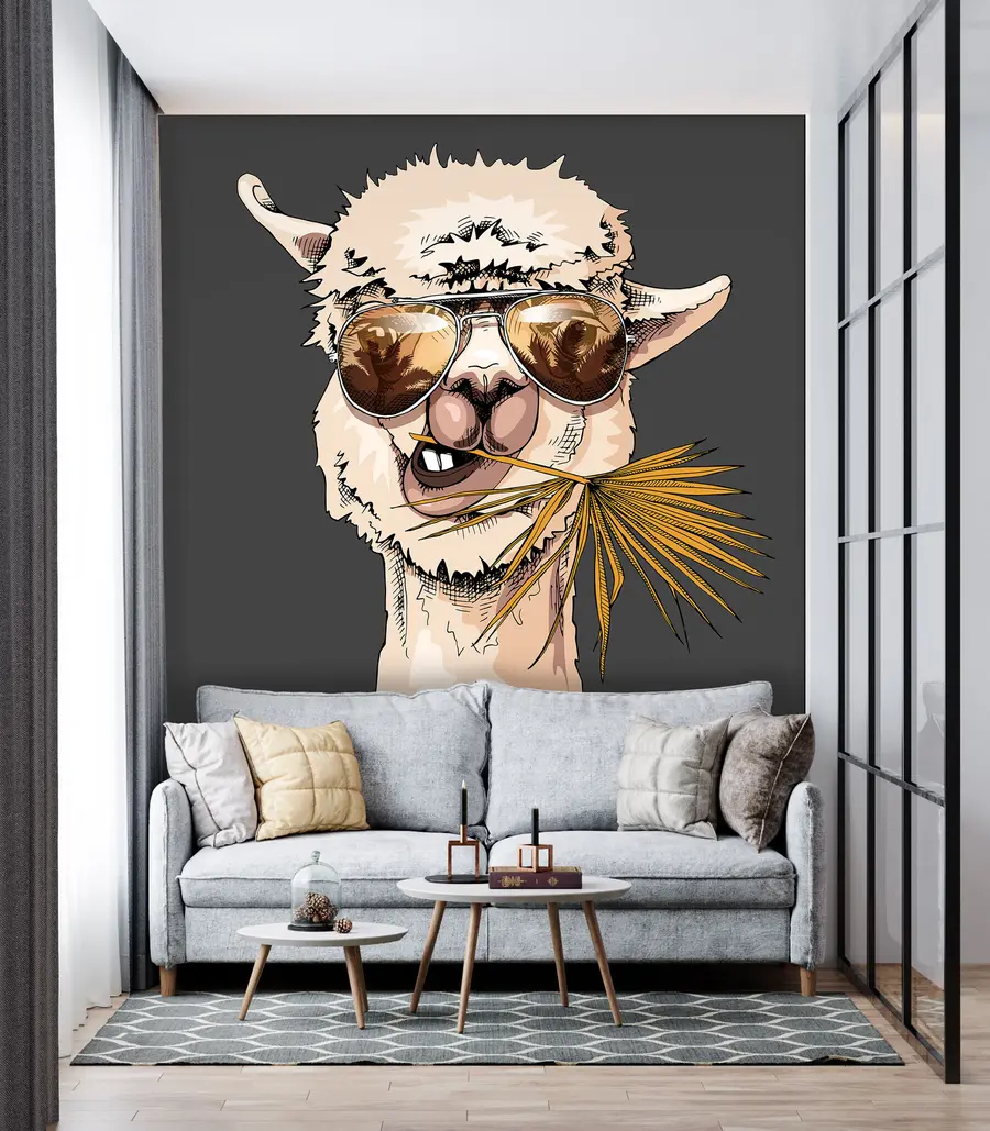 wall murals Portrait of a lama wearing sunglasses with a fan palm leaf u98177v1