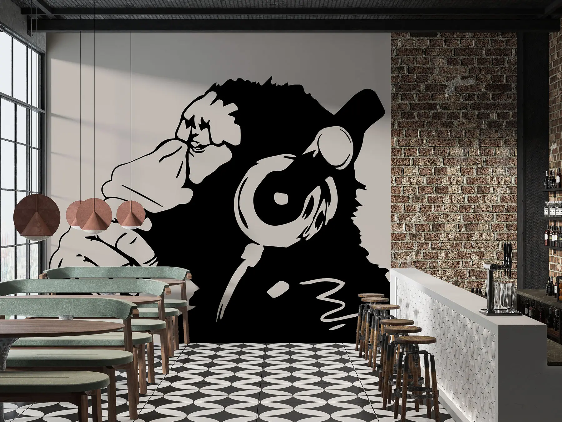 wall murals A monkey listening to music u98182