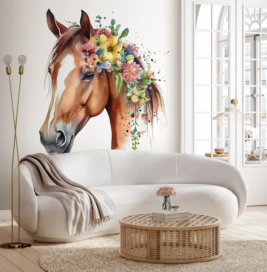 wall murals Horse with flowers in watercolour u98192