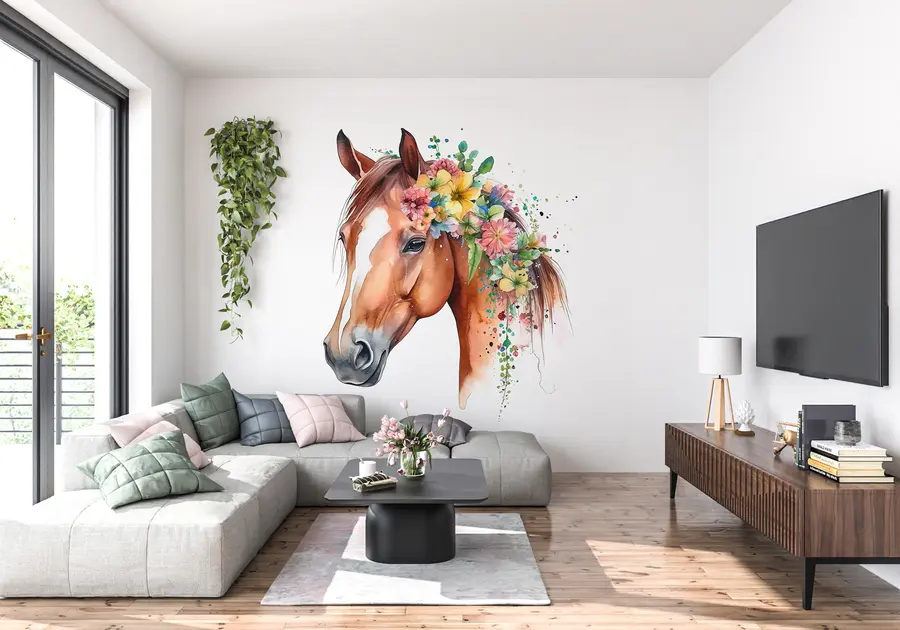 wall murals Horse with flowers in watercolour u98192