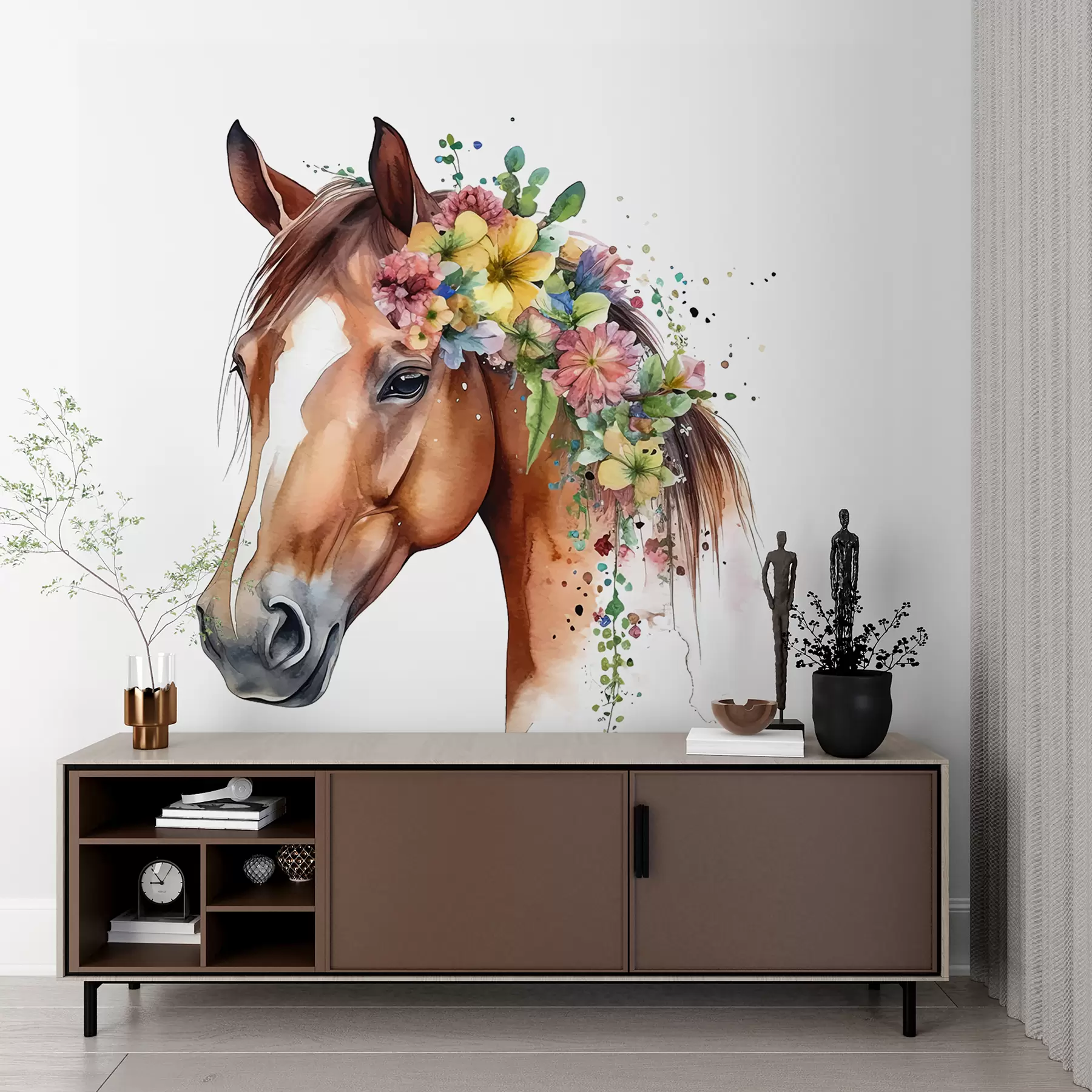 wall murals Horse with flowers in watercolour u98192
