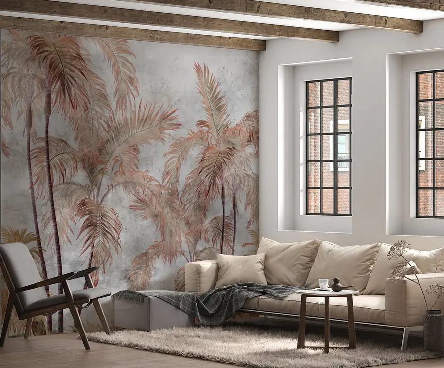 wall murals Tropical palm trees on a concrete wall u98586