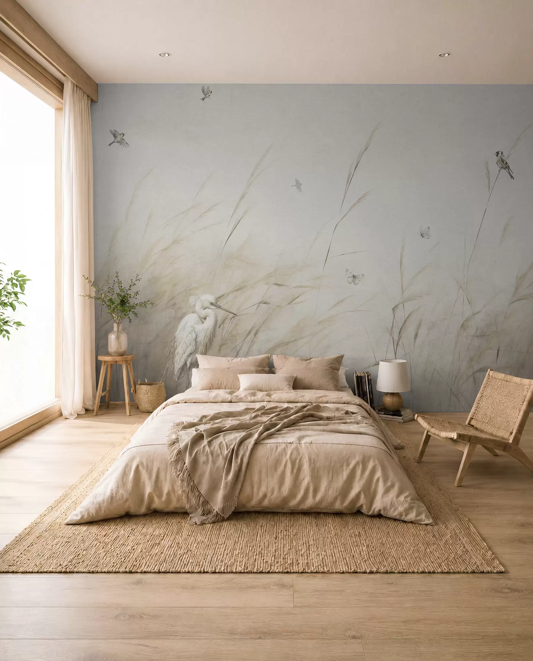 wall murals Birds on the lake among dried flowers, plants and grass u98439