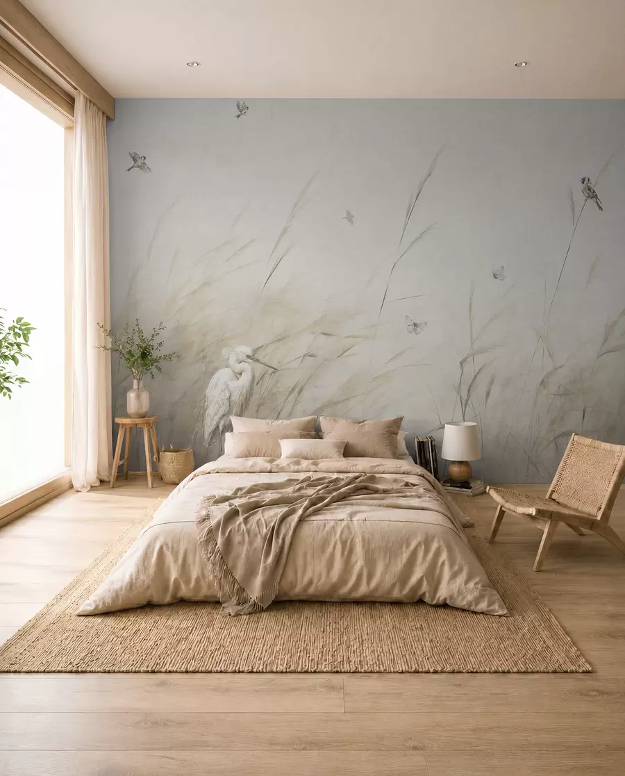 wall murals Birds on the lake among dried flowers, plants and grass u98439