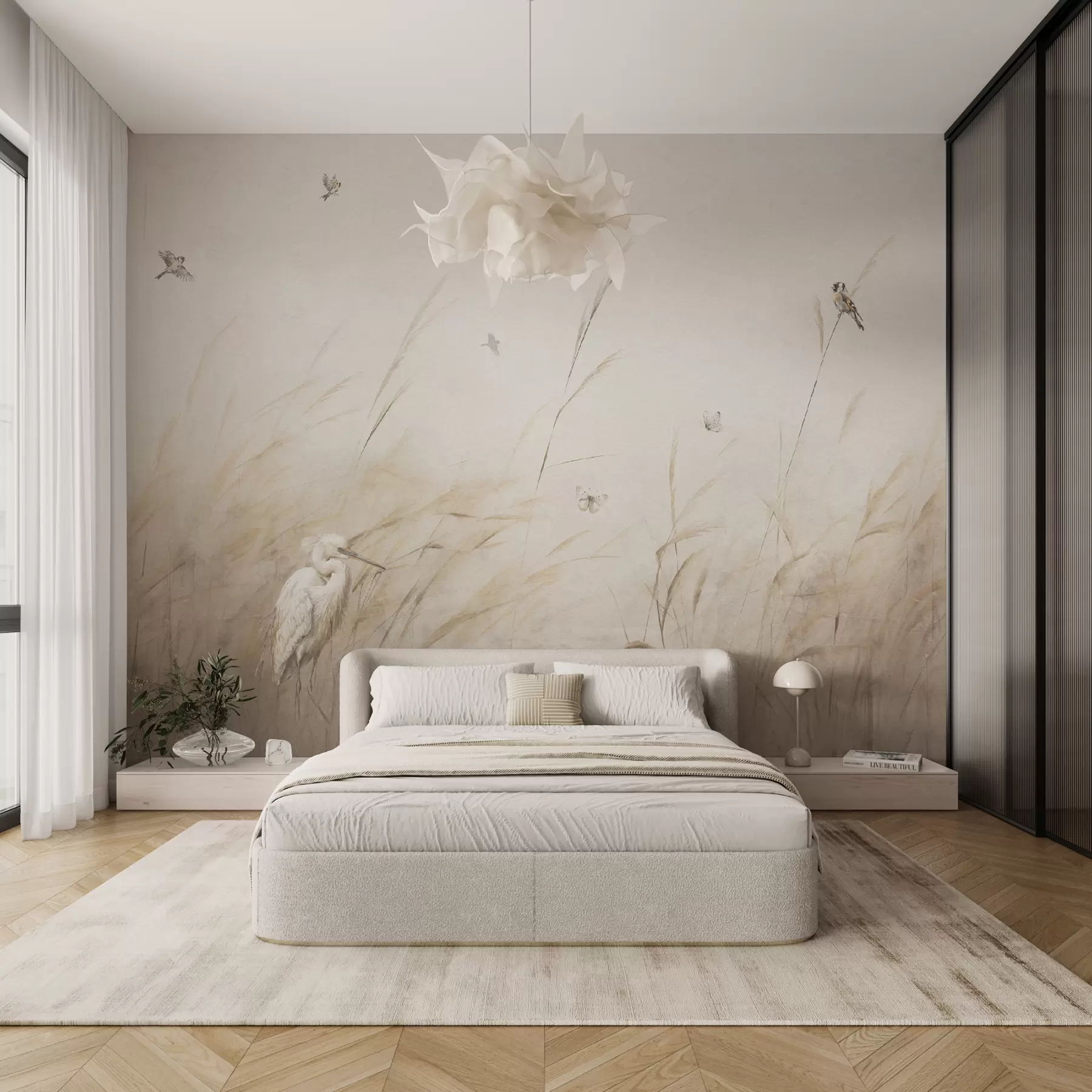 wall murals Birds on the lake among dried flowers, plants and grass u98439