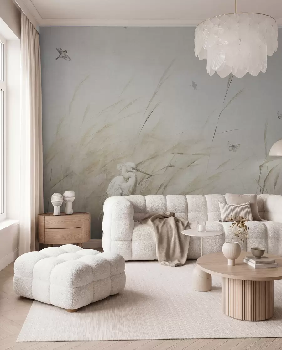 wall murals Birds on the lake among dried flowers, plants and grass u98439