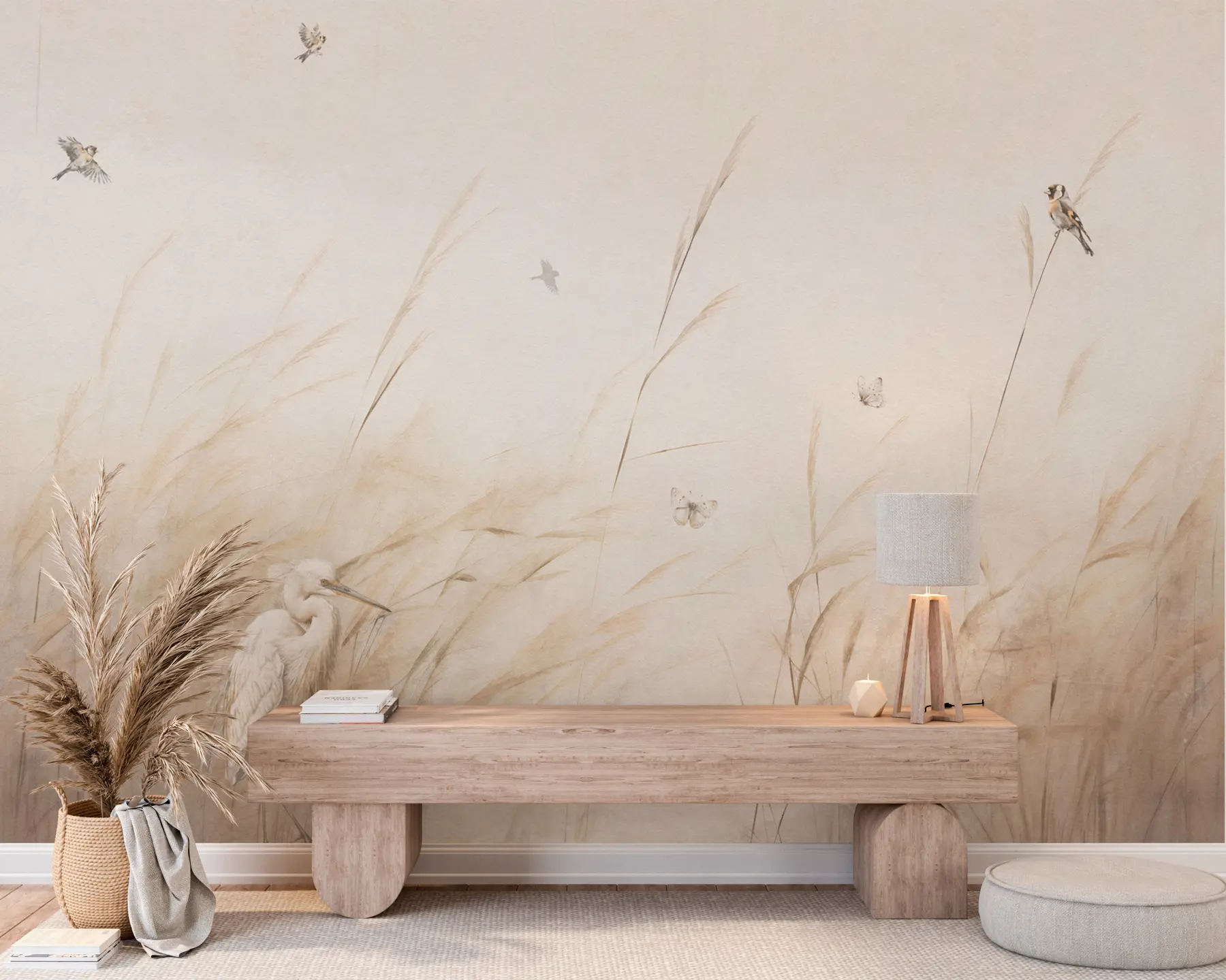 wall murals Birds on the lake among dried flowers, plants and grass u98439