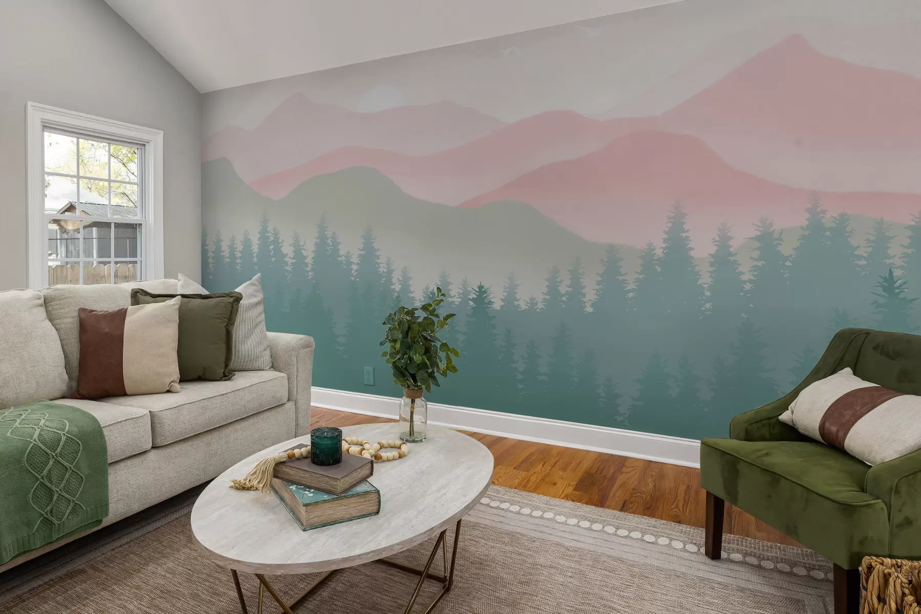 wall murals Foggy Mountains with Pine Forest, Soft Natural colors, Pink and Green u98774