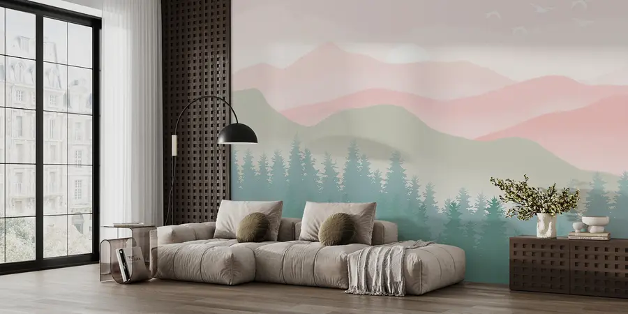 wall murals Foggy Mountains with Pine Forest, Soft Natural colors, Pink and Green u98774